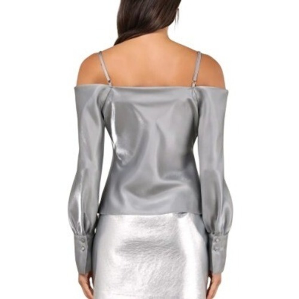 NWT Lulus Notorious Shine Metallic Silver Off Shoulder Crop Long Sleeve Blouse M